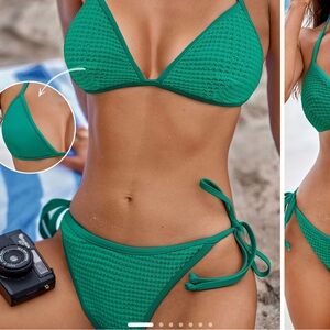 Green reversible triangle bikini top and low rise bottom.
